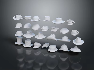 Various Styles Of White Hats Displayed On Gray Background Collection 3d model