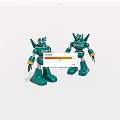 Two Green Robot Toys With Yellow Gray Details And Standing Pose