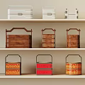 Multi Layer Decorative Storage Boxes With Wooden And Patterned Designs On Shelves 3d model
