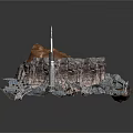 Futuristic Rocky Cliff Scene With Tall Tower And Metal Mechanical Structures