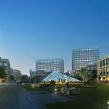 Contemporary Industrial Warehouse Featuring Glass Facade Plaza Area And Pedestrians Near Tall Buildings