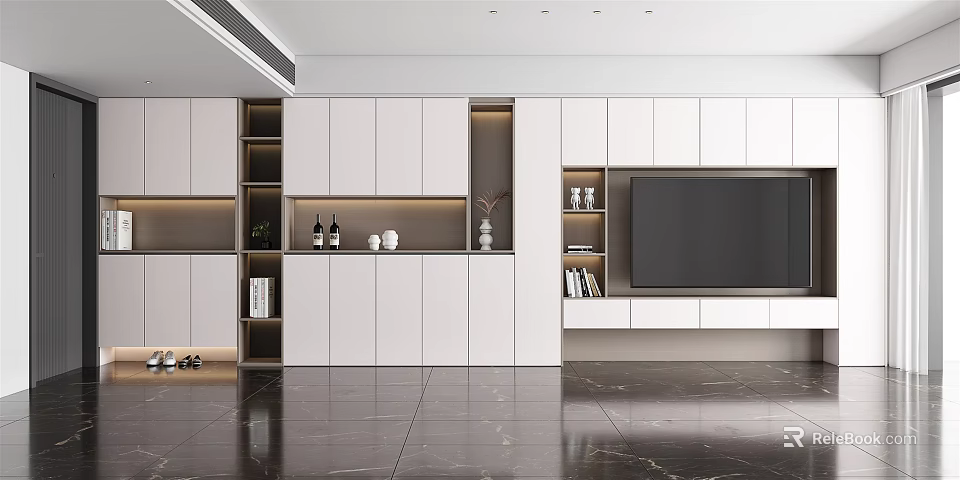 Modern White TV Wall Unit With Storage Shelves Built in Lighting And Black TV 3d model 