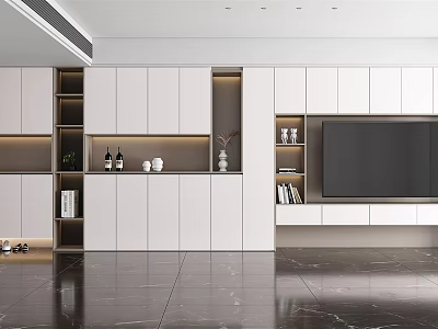 Modern White TV Wall Unit With Storage Shelves Built in Lighting And Black TV 3d model