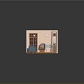 Cartoon Room Scene With Bookshelves Blue Sofas Wooden Table And Cabinets