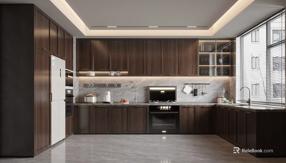 Modern Kitchen Interior With Dark Wooden Cabinets Marble Countertop White Refrigerator And Built In Oven 3d model 