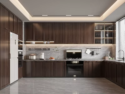 Modern Kitchen Interior With Dark Wooden Cabinets Marble Countertop White Refrigerator And Built In Oven 3d model
