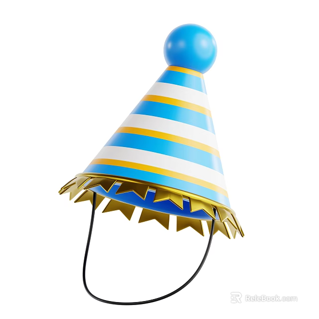 Colorful Striped Party Hat With Blue Yellow White Colors And Golden Edge Decorations 3d model 