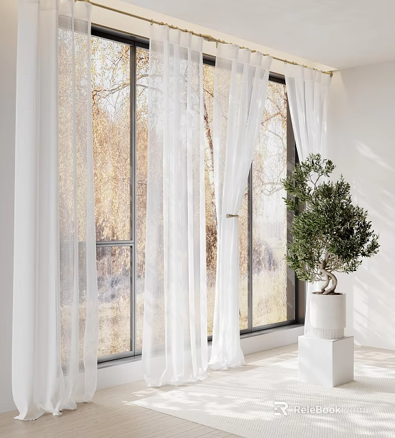 Elegant Sheer White Curtains in Modern Interior with Large Windows Natural Light and Olive Tree 3d model 