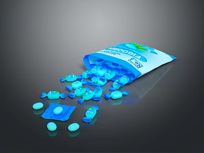 Blue Cocoa Candies Scattered From Open Bag With Various Shapes On Black Background 3d model