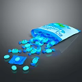 Blue Cocoa Candies Scattered From Open Bag With Various Shapes On Black Background