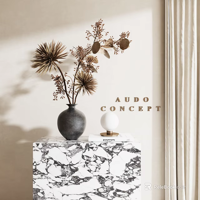 Black Vase With Dried Flowers On Marble Table In Modern Interior With Audo Concept Sign 3d model 