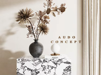 Black Vase With Dried Flowers On Marble Table In Modern Interior With Audo Concept Sign 3d model