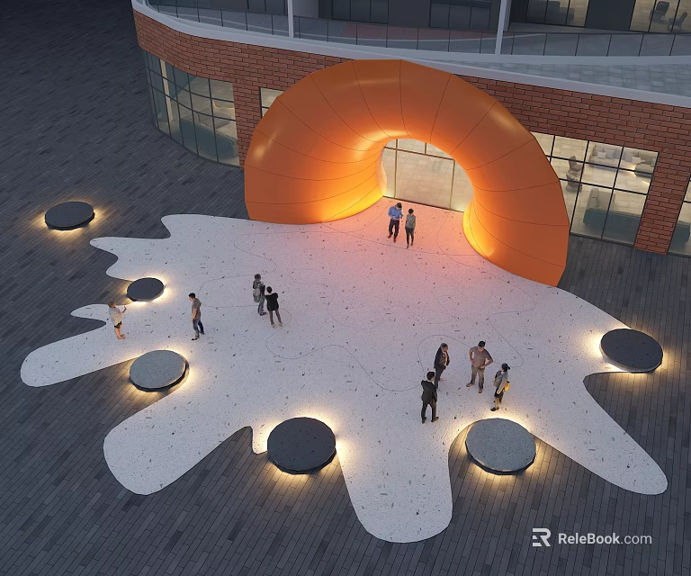 Orange Arched Entrance Gate With People Circular Seats And White Splash Ground 3d model 