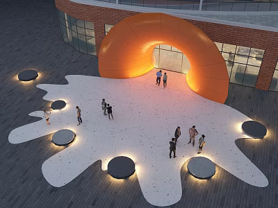 Orange Arched Entrance Gate With People Circular Seats And White Splash Ground 3d model