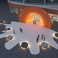 Orange Arched Entrance Gate With People Circular Seats And White Splash Ground