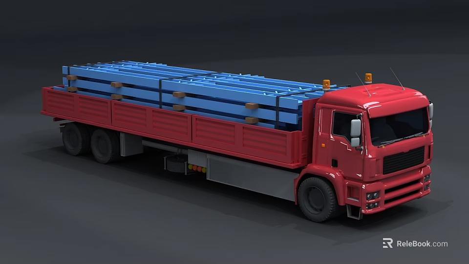 Red Heavy Duty Flatbed Truck Transporting Blue Long Cargo Loads 3d model
