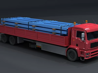 Red Heavy Duty Flatbed Truck Transporting Blue Long Cargo Loads 3d model
