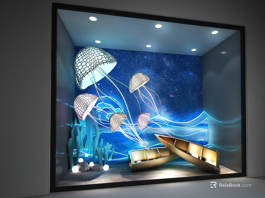 Stunning Window Display Featuring Jellyfish Starry Sky Background Blue Waves Small Boat And Decorative Lights 3d model 