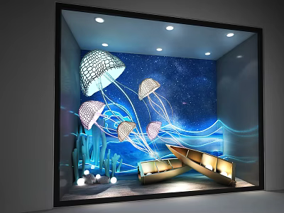 Stunning Window Display Featuring Jellyfish Starry Sky Background Blue Waves Small Boat And Decorative Lights 3d model