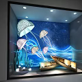 Stunning Window Display Featuring Jellyfish Starry Sky Background Blue Waves Small Boat And Decorative Lights