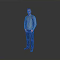 Man Wearing Blue Sweater And Jeans Carrying Backpack Standing Against Gray Background