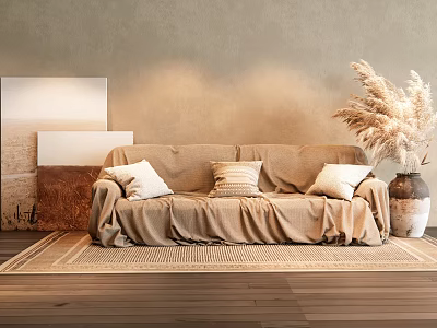 Two Seater Sofa with Blanket White Cushions Beside Pampas Grass Vase Beige Wall Wooden Floor 3d model
