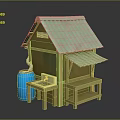 Cartoon Style Adorable Hut With Green Corrugated Roof Blue Barrel Small Sink And Wooden Bench