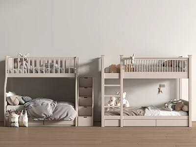 White Bunk Beds with Ladders Lower Drawers Side Cabinets Stuffed Toys Light Wall Wooden Floor 3d model