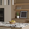 Modern Restaurant Kitchen Interior With Beige Cabinets Marble Island Counter Hanging Lights And Stools