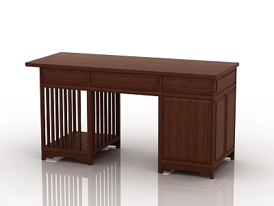 Wooden Desk With Brown Finish Drawers Cabinet And Simple Design For Home Office 3d model