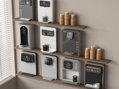 Modern Home Appliances Display On Wall Mounted Shelves With Coffee Pods And Digital Control Panels 3d model