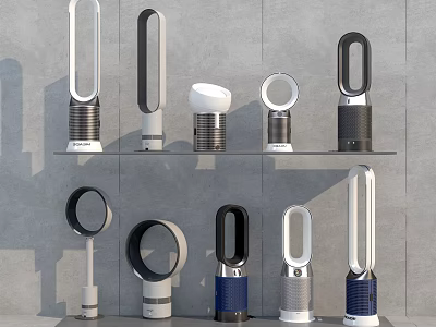 Modern Bladeless Fans With Various Designs Displayed On Shelf 3d model