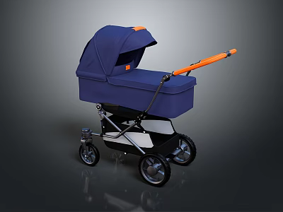 Modern Blue Baby Stroller With Orange Handle Canopy And Stylish Wheels 3d model