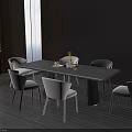 Modern Dining Table Set With Six Chairs Vase And Flowers By Dark Wall Window