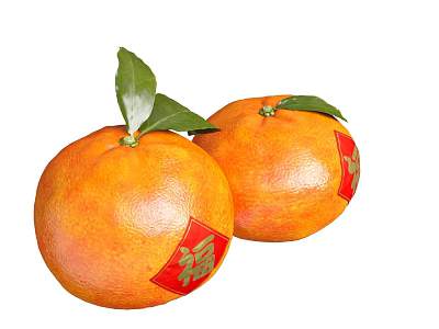 Two Fresh Ripe Oranges With Green Leaves And Red Fu Character Stickers 3d model