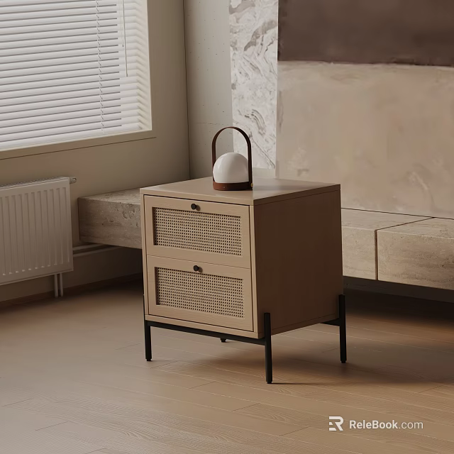 Modern Light Wood Bedside Table With Rattan Paneled Drawers Black Legs And Lantern Lamp On Top 3d model 