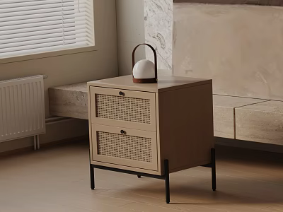 Modern Light Wood Bedside Table With Rattan Paneled Drawers Black Legs And Lantern Lamp On Top 3d model