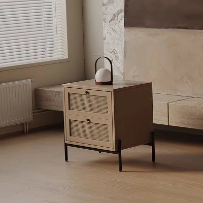 Modern Light Wood Bedside Table With Rattan Paneled Drawers Black Legs And Lantern Lamp On Top 3d model