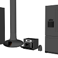 Modern Kitchen Interior With Multiple Black Refrigerators Freezers And Appliances