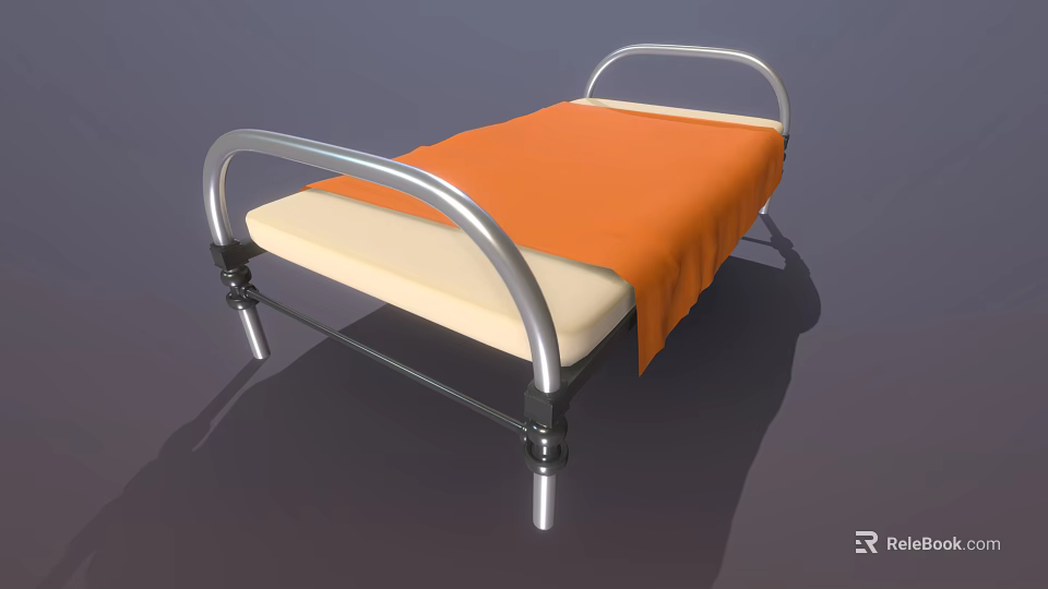 Single Silver Metal Frame Bed With Curved Headboard Beige Mattress And Orange Sheet 3d model 