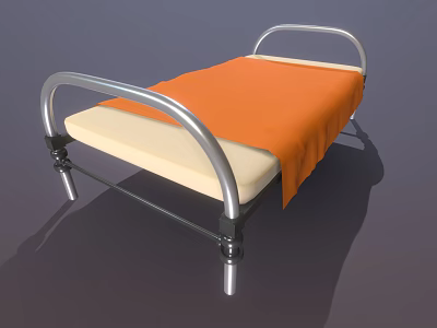 Single Silver Metal Frame Bed With Curved Headboard Beige Mattress And Orange Sheet 3d model