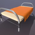 Single Silver Metal Frame Bed With Curved Headboard Beige Mattress And Orange Sheet