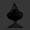 Traditional Ornate Blue Arabian Lamp With Golden Decorations And Colorful Gemstones