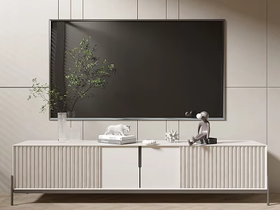 White Ribbed TV Stand With Large TV Green Plant And Decorative Figurines 3d model