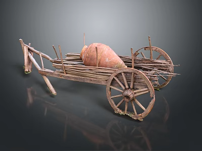 Traditional Wooden Cart with Clay Jar and Spoked Wheels in Rustic Design 3d model
