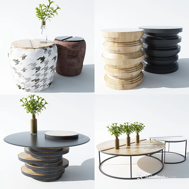 Modern Stylish Coffee Tables With Stacked Design Wooden Black And Round Shapes With Plants 3d model 