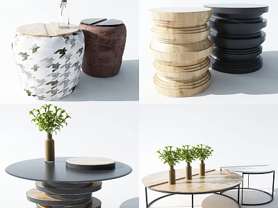 Modern Stylish Coffee Tables With Stacked Design Wooden Black And Round Shapes With Plants 3d model