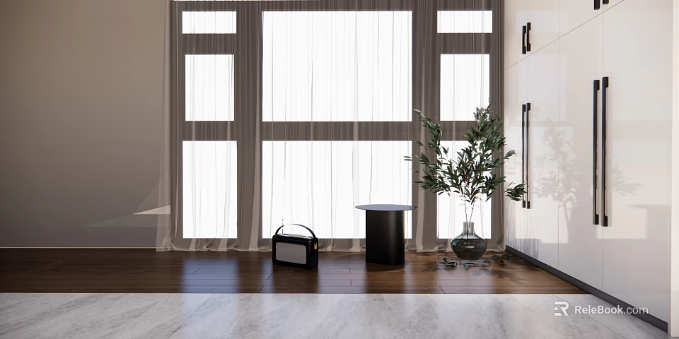 Interior Corner With Large Window White Curtains And Green Plant In Vase On Wooden Floor 3d model 