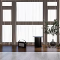 Interior Corner With Large Window White Curtains And Green Plant In Vase On Wooden Floor
