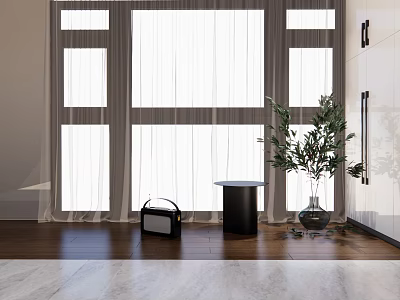 Interior Corner With Large Window White Curtains And Green Plant In Vase On Wooden Floor 3d model